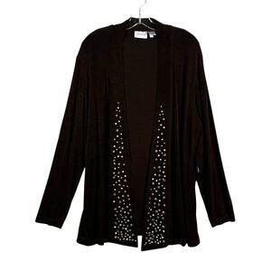Chicos Travelers Slinky Long Sleeve Open Front Rhinestone Cardigan Brown Womens